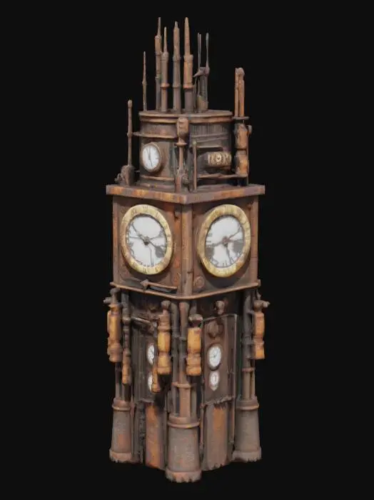 3D model for 蒸汽朋克风格 一个巨大的金属钟楼 布满齿轮 管道 铁锈 4K影视级材质, 结构整洁清晰, 细节丰富#game figure#