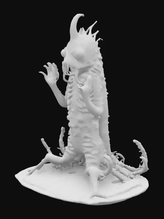 3D model for A gigantic, twisted deep-sea fishman statue with both hands raised towards the sky in a praying gesture. The statue has an eerie, otherworldly design, with elongated limbs, sharp fin-like protrusions, and glowing abyssal eyes. Its body appears ancient and covered in barnacles, resembling a mix between a Lovecraftian deep-sea creature and a humanoid form. The setting is a dark, misty underwater temple, with strange bioluminescent corals and eerie lighting.