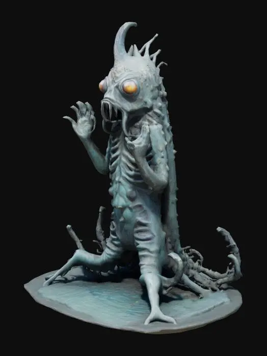 3D model for A gigantic, twisted deep-sea fishman statue with both hands raised towards the sky in a praying gesture. The statue has an eerie, otherworldly design, with elongated limbs, sharp fin-like protrusions, and glowing abyssal eyes. Its body appears ancient and covered in barnacles, resembling a mix between a Lovecraftian deep-sea creature and a humanoid form. The setting is a dark, misty underwater temple, with strange bioluminescent corals and eerie lighting.