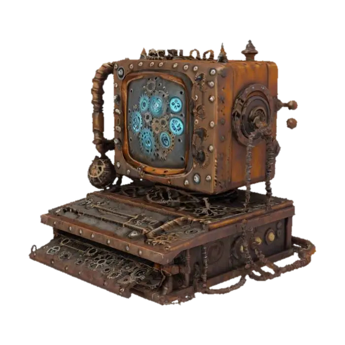 蒸汽朋克风格 金属计算机 布满齿轮 管道 铁锈 4K影视级材质, #game figure# - Computer 3D model, vytvořený pomocí AI