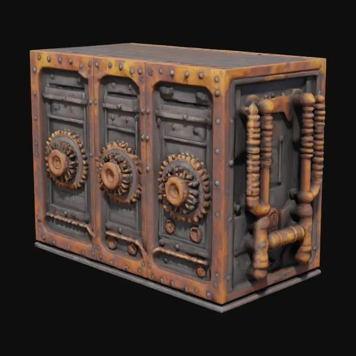 3D model for 蒸汽朋克风格 巨大的金属服务器机箱 布满齿轮 管道 铁锈 4K影视级材质, 结构整洁清晰, 细节丰富#game figure#