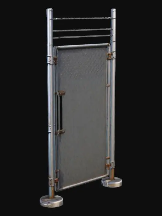 3D model for Generate a high-quality, production-ready 3D model of a tall outdoor chain-link fence section for use in game or film environments. Fence height: 3.6 meters (approx. 12 ft). Length: 2.5 meters section (repeatable modular piece). Construction: welded steel posts (round) spaced at 2.5m, top tension rail, 45-degree tension bar at each end, and diamond-pattern galvanized chain-link mesh with realistic wire thickness. Include a single-leaf pedestrian gate (0.9m wide) integrated into the section. Keep topology clean and quad-dominant where possible, optimized for LODs (High ~35k tris, Mid ~8–12k tris, Low ~1–3k tris). Provide baked normal map and ambient occlusion, and separate tiling PBR textures (albedo, roughness, metallic, normal)