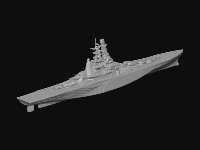 3D model for A massive modern warship with angular stealth hull design and sharp geometric surfaces. Long flat deck with forward and aft superstructures housing radar arrays and command towers. Twin smokestacks midship. Bow features vertical launch missile systems. Main deck equipped with dual turret cannons, CIWS point defense systems, and helicopter landing pad at stern. Hull has reinforced armor plating with waterline bulges. Multiple sensor domes and communication arrays. Dark gray naval coating with hull number on bow. Aggressive profile with radar-absorbent angles.