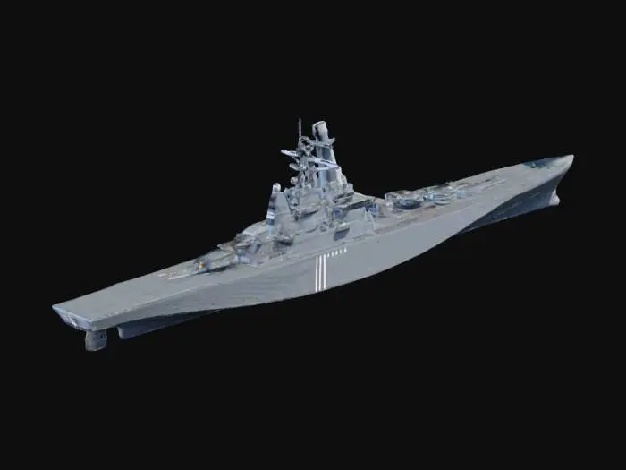 3D model for A massive modern warship with angular stealth hull design and sharp geometric surfaces. Long flat deck with forward and aft superstructures housing radar arrays and command towers. Twin smokestacks midship. Bow features vertical launch missile systems. Main deck equipped with dual turret cannons, CIWS point defense systems, and helicopter landing pad at stern. Hull has reinforced armor plating with waterline bulges. Multiple sensor domes and communication arrays. Dark gray naval coating with hull number on bow. Aggressive profile with radar-absorbent angles.