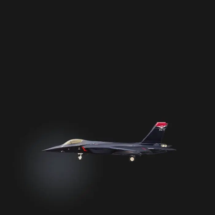 3D model for A modern stealth fighter jet with delta wings swept back at 45 degrees and twin angled vertical stabilizers. Sleek angular fuselage with flat stealth panels and sharp edges. Single-seat cockpit with low-profile canopy. Pointed nose cone with sensor arrays. Twin air intakes beneath cockpit. Small canards near cockpit for maneuverability. Twin rectangular thrust-vectoring engine nozzles at rear. Underwing weapon hardpoints. Matte gray stealth coating with panel lines and tail number. Aggressive angular design.
