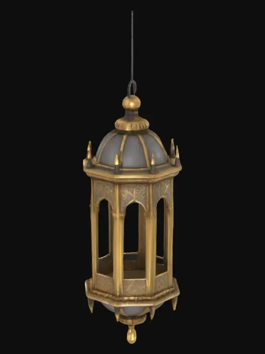 3D model for hyper realistic lantern hanging from a chain. this lantern is from medieval era, Highly Detailed, Ultra Realistic, Gold, Silver, Leather. this lantern is turned on and transparent glass material.

