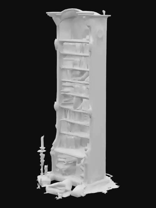 3D model for "Tall decrepit bookshelf made of rotting wood, tilted and unstable, stained with old blood marks, half-burnt books scattered across shelves, cobwebs hanging between broken planks, dim candle wax dripped on edges, demonic symbols carved into wood, unsettling Gothic horror style, atmospheric and cinematic for haunted asylum or cursed library scene."