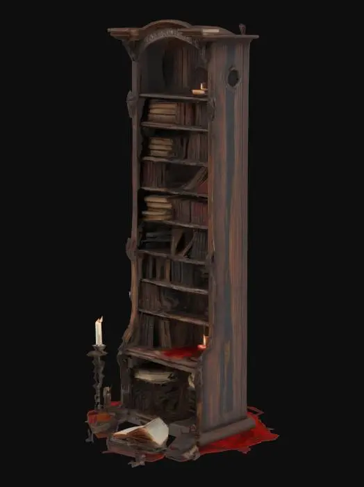 3D model for "Tall decrepit bookshelf made of rotting wood, tilted and unstable, stained with old blood marks, half-burnt books scattered across shelves, cobwebs hanging between broken planks, dim candle wax dripped on edges, demonic symbols carved into wood, unsettling Gothic horror style, atmospheric and cinematic for haunted asylum or cursed library scene."