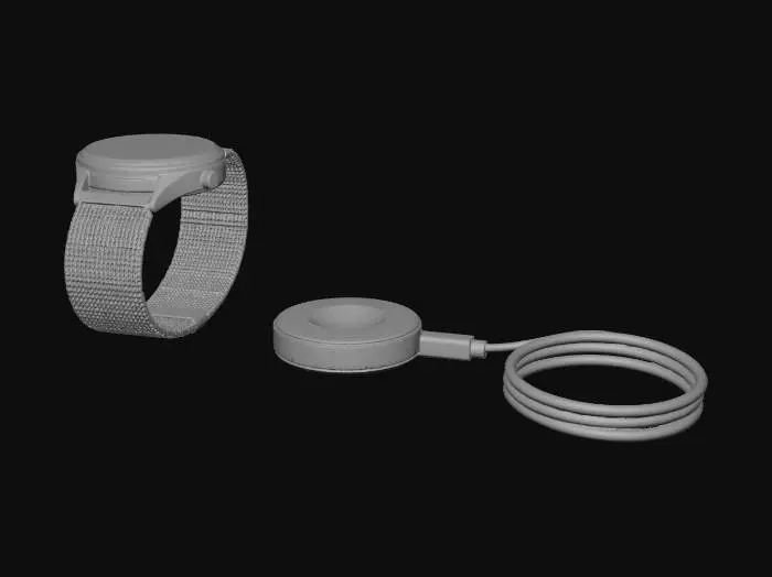 3D model for Smartwatch with Mesh Band and Wireless Charger on Wood Desk