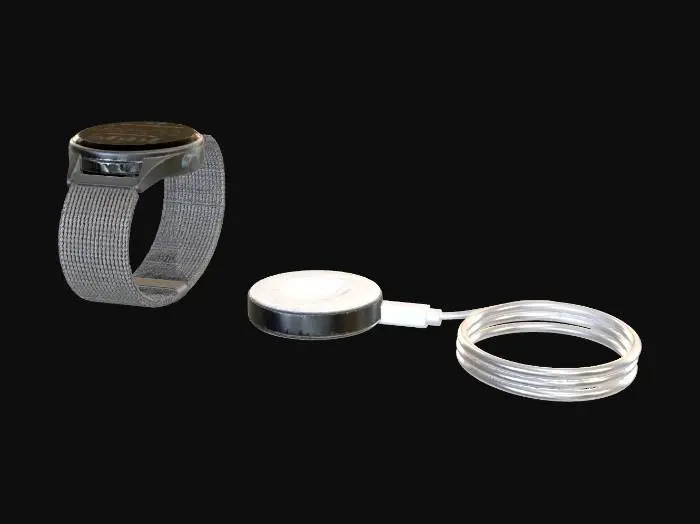 3D model for Smartwatch with Mesh Band and Wireless Charger on Wood Desk