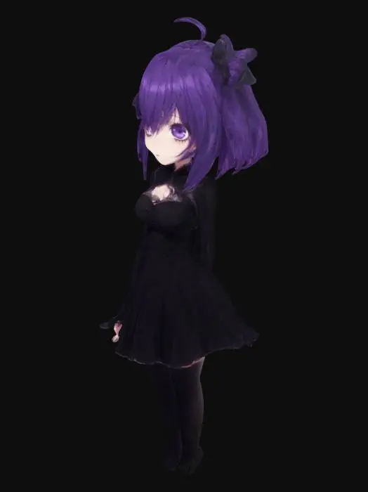 3D model for chica, estilo anime, pechos grandes, vestido negro, pelo estilizado morado, ojos hermosos, cuerpo completo

