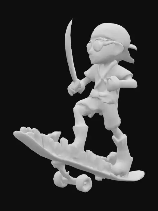 3D model for quiero una imagen en 3d de un pirata en patineta, el pirata debe llevar un paliacate rojo en la caveza y un parche en un ojo ,tamien debe de tener una espada sosteniendola en una mano ,el pirata debe de tener playera verde y bermuda negra , la patineta tiene que estar bien definida es negra con letras blancas en relieve por la parte de abajo que digan la palabra, peach and bones , en un fondo de color negro