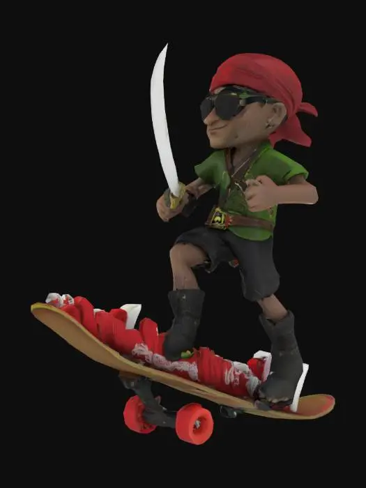 3D model for quiero una imagen en 3d de un pirata en patineta, el pirata debe llevar un paliacate rojo en la caveza y un parche en un ojo ,tamien debe de tener una espada sosteniendola en una mano ,el pirata debe de tener playera verde y bermuda negra , la patineta tiene que estar bien definida es negra con letras blancas en relieve por la parte de abajo que digan la palabra, peach and bones , en un fondo de color negro