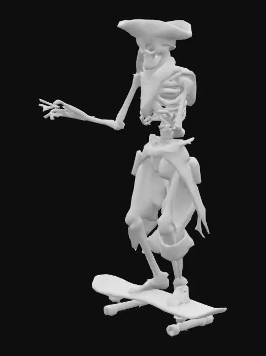 3D model for quiero una imagen en 3d de un esqueleto pirata en patineta, el pirata debe llevar un paliacate rojo en la cabeza y un parche en un ojo el otro destapado, también debe de tener una espada sosteniéndola en una mano, el pirata debe de tener playera verde y bermuda negra, la patineta tiene que estar bien formada con letras blancas en relieve por la parte de abajo que digan la palabra, Peach and Bones , en un fondo de color negro