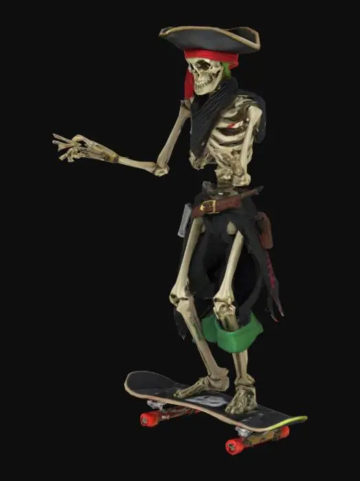3D model for quiero una imagen en 3d de un esqueleto pirata en patineta, el pirata debe llevar un paliacate rojo en la cabeza y un parche en un ojo el otro destapado, también debe de tener una espada sosteniéndola en una mano, el pirata debe de tener playera verde y bermuda negra, la patineta tiene que estar bien formada con letras blancas en relieve por la parte de abajo que digan la palabra, Peach and Bones , en un fondo de color negro