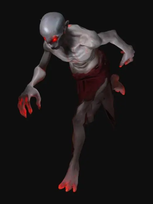 3D model for tall, long arms, long legs, long fingers, skinny, man, grey skin, hardened skin, noisy face, vibrate face, red glowing eyes, rug clothes, curse symbol on chest, no ears, no claws,shadow face