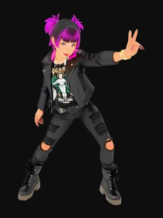 3D model for bayan model 20 li yaşlarda punk tarzı giyinen mor saçlı fit vücutlu sevimli bakan boyu 1.65 yüzü hafif botoxlu dudaklar dolgun