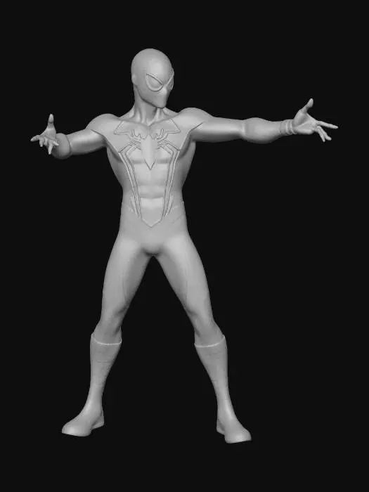 3D model for Superhero character inspired by a spider theme, athletic male body,
red and blue suit with web patterns, masked face with white eye lenses,
stylized realistic, game-ready 3D character, T-pose