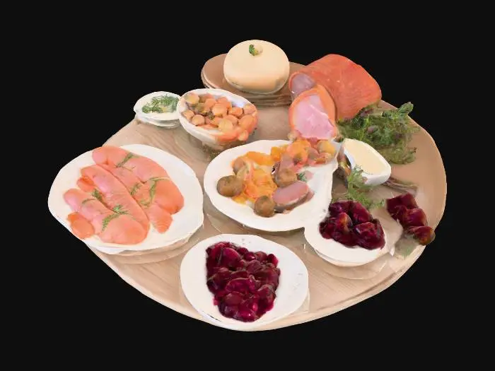 3D model for Traditional swedish smorgasbord, with nubbe, ham, gravlax, meatballs, lutfisk, jansson frestelse, red beat salad, inlagd sill.
, #food#