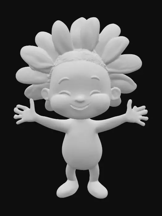 3D model for A small cartoon figure with a daisy flower head and red cheeks. Positing with arms and legs out.