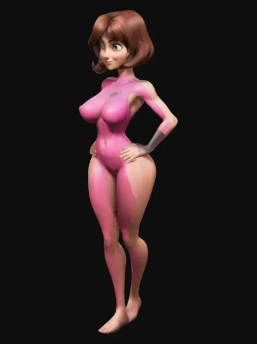 3D model for Helen Parr, T-Pose, full height, fat hips, fat breast, Looks straight ahead, no glass