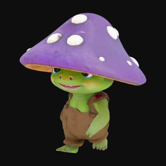 3D model for Зеленый круглый монстрик с фиолетовым большим грибом-мухомором и у него еще красивый коричневый комбинезон. А глаза черные овальные и он улыбается маленькой миленькой улыбкой.