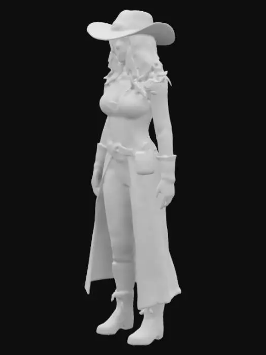 3D model for A highly detailed digital painting of a fierce post-apocalyptic female wanderer. She wears a tattered leather duster, a corset-style vest over a rugged shirt, and reinforced pants with belts and pouches. A weathered cowboy hat shades her piercing eyes, while long wavy hair flows in the wind. Her hands are wrapped in worn leather gloves, and dusty lace-up boots complete her look. Behind her, a sunlit wasteland with ruins and dust enhances the cinematic Western atmosphere.