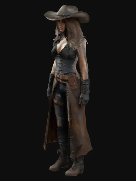 3D model for A highly detailed digital painting of a fierce post-apocalyptic female wanderer. She wears a tattered leather duster, a corset-style vest over a rugged shirt, and reinforced pants with belts and pouches. A weathered cowboy hat shades her piercing eyes, while long wavy hair flows in the wind. Her hands are wrapped in worn leather gloves, and dusty lace-up boots complete her look. Behind her, a sunlit wasteland with ruins and dust enhances the cinematic Western atmosphere.