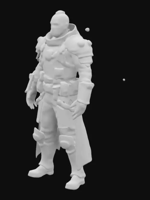 3D model for A steampunk and post-apocalyptic armored warrior with a masked face and dark, intense eyes. He wears a worn military coat with metal shoulder plates and tactical gear, including leather straps and pouches. His outfit features ammunition belts and rugged fabrics, showing battle damage. Rusted metal details and a survivor-like presence give him a hardened, war-torn look, blending ancient military aesthetics with a dystopian, mercenary style