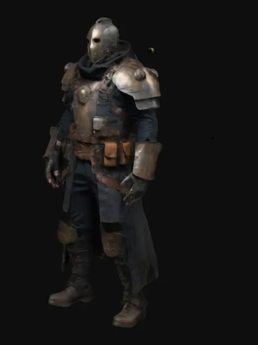 3D model for A steampunk and post-apocalyptic armored warrior with a masked face and dark, intense eyes. He wears a worn military coat with metal shoulder plates and tactical gear, including leather straps and pouches. His outfit features ammunition belts and rugged fabrics, showing battle damage. Rusted metal details and a survivor-like presence give him a hardened, war-torn look, blending ancient military aesthetics with a dystopian, mercenary style