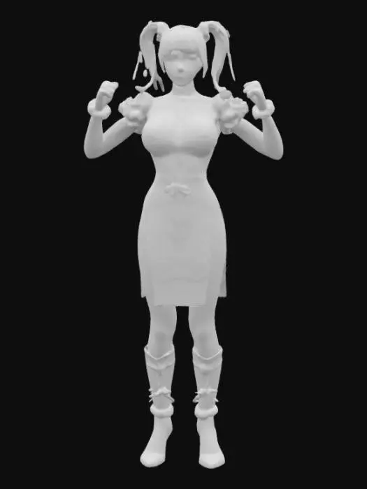 3D model for Highly detailed 3D model of a female martial artist with a strong, athletic build, wearing a red and gold traditional Chinese qipao dress with puffed sleeves. She has powerful legs, spiked bracelets, and white boots. Her hair is styled in twin buns with ribbons. Realistic textures, high-poly, game-ready, cinematic lighting, and dynamic pose. Designed for a fighting game character