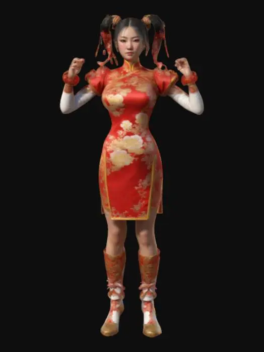 3D model for Highly detailed 3D model of a female martial artist with a strong, athletic build, wearing a red and gold traditional Chinese qipao dress with puffed sleeves. She has powerful legs, spiked bracelets, and white boots. Her hair is styled in twin buns with ribbons. Realistic textures, high-poly, game-ready, cinematic lighting, and dynamic pose. Designed for a fighting game character