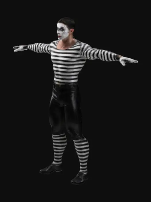 3D model for Muscular male mime artist with defined physique, black and white striped shirt, black pants, white gloves, and classic mime face paint with black accents. Confident pose, strong body language, realistic anatomy with detailed muscles. Clothing with natural folds, gloves with fabric texture, smooth matte face paint. Neutral background, high-res render with PBR materials, realistic lighting, soft shadows. T-pose and A-pose for rigging, game-ready, clean topology, low-poly and high-poly models, 
