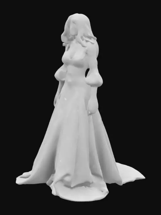 3D model for Create a highly detailed 3D full-body model of a tall, muscular vampire lady with pale skin, piercing eyes, and dark red lips. She has a well-defined, athletic physique with visible muscle definition. She wears a vintage, floor-length cream-colored gown with long sleeves and delicate pleats. Her dark, wavy hair is styled elegantly without a hat. She has black gloves, a dark rose brooch, and a pearl necklace. Ensure realistic textures and high-quality materials