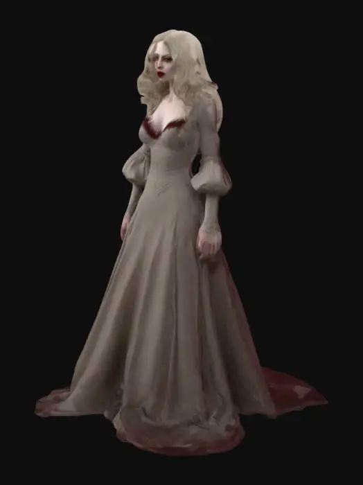 3D model for Create a highly detailed 3D full-body model of a tall, muscular vampire lady with pale skin, piercing eyes, and dark red lips. She has a well-defined, athletic physique with visible muscle definition. She wears a vintage, floor-length cream-colored gown with long sleeves and delicate pleats. Her dark, wavy hair is styled elegantly without a hat. She has black gloves, a dark rose brooch, and a pearl necklace. Ensure realistic textures and high-quality materials