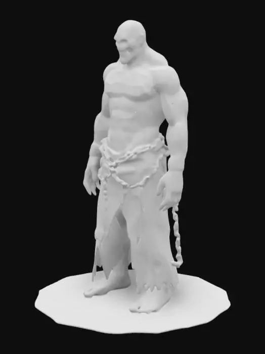 3D model for A towering prisoner with a muscular, battle-worn physique, his face fully concealed by a jagged, rusted iron mask engraved with arcane symbols. The mask bears deep scratches, hinting at countless struggles. His once-binding chains lay shattered at his feet, remnants of glowing runes flickering as their magic fades. His scarred, bloodstained body is wrapped in tattered remnants of a prison robe, and his hollow eye sockets radiate a sinister, otherworldly glow, exuding raw, untamed power
