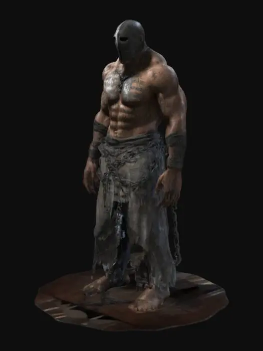 3D model for A towering prisoner with a muscular, battle-worn physique, his face fully concealed by a jagged, rusted iron mask engraved with arcane symbols. The mask bears deep scratches, hinting at countless struggles. His once-binding chains lay shattered at his feet, remnants of glowing runes flickering as their magic fades. His scarred, bloodstained body is wrapped in tattered remnants of a prison robe, and his hollow eye sockets radiate a sinister, otherworldly glow, exuding raw, untamed power
