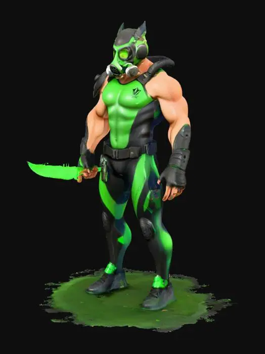 3D model for Full-body 3D game character wearing black and green swimsuit, inspired by Valorant's Viper, muscular build, gas mask covering lower face, glowing green eyes, standing in dynamic pose, toxic gas effects around, high detail, realistic textures.
