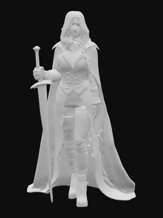 3D model for Full-body 3D render of a dark female vampire in gothic style, standing in a moonlit graveyard with light fog. Pale skin, red glowing eyes, long wavy black hair, wearing a long black coat with silver buttons, black leather boots. Subtle fangs, holding a simple dark sword in one hand (not highly detailed). Background with full moon and bats in the distance. Moody atmosphere, dramatic lighting, game character style.