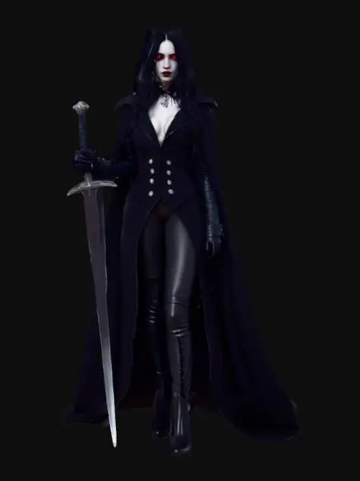 3D model for Full-body 3D render of a dark female vampire in gothic style, standing in a moonlit graveyard with light fog. Pale skin, red glowing eyes, long wavy black hair, wearing a long black coat with silver buttons, black leather boots. Subtle fangs, holding a simple dark sword in one hand (not highly detailed). Background with full moon and bats in the distance. Moody atmosphere, dramatic lighting, game character style.