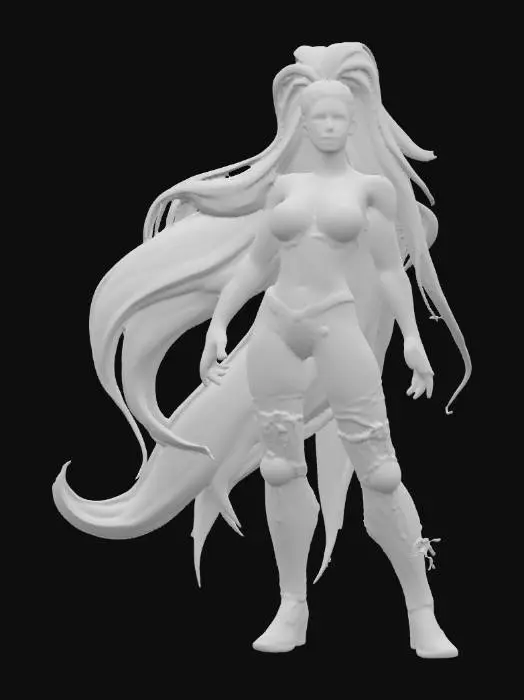 3D model for "Realistic humanoid female character, inspired by Tsareena Pokémon. Strong athletic build with exaggerated proportions: thick muscular thighs, wide hips, narrow waist. Elegant and powerful natural A-pose. Long flowing leaf-like hair styled in a ponytail. Plant-inspired fantasy royal outfit fused with body design, high organic boots merging with skin. Stylized yet realistic anatomy, expressive and regal face, detailed textures, nature and royalty fusion theme, cinematic lighting, high detail."