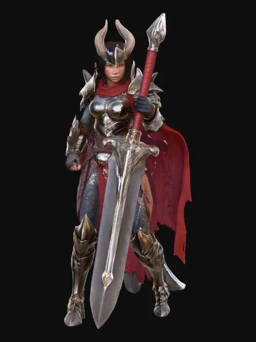 3D model for Strong female dragon slayer warrior, wearing heavy dragonbone and steel armor. Muscular yet elegant body, standing in a heroic battle-ready pose. She holds a giant greatsword forged from dragon fang. Her armor is decorated with simple runes and dragon scale details. A tattered red cape flows behind her. She stands on rocky ground, battlefield atmosphere, cinematic lighting, highly detailed dark fantasy style."