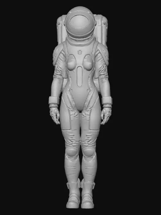 3D model for futuristic female astronaut, NASA 2080 concept spacesuit, sleek white and silver design with blue glowing accents, transparent helmet with holographic HUD inside, advanced life-support backpack, full body, realistic proportions, neutral background, focus on character only, ultra-detailed 3D model