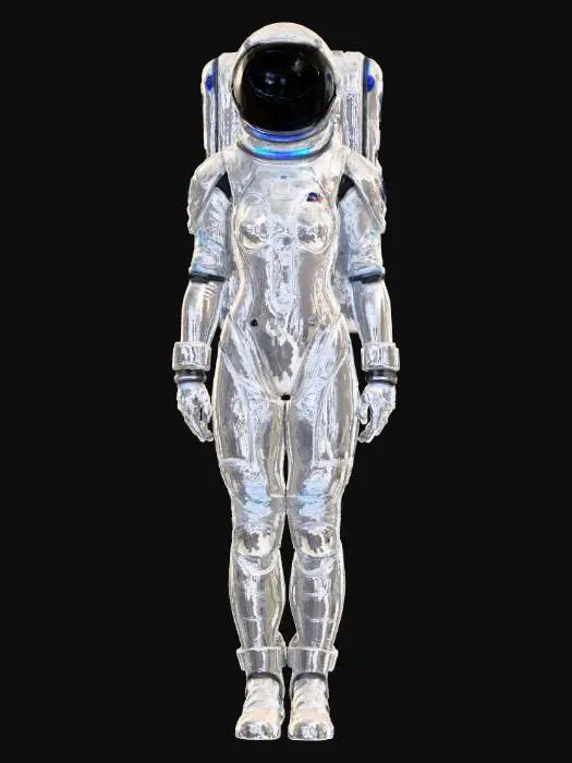 3D model for futuristic female astronaut, NASA 2080 concept spacesuit, sleek white and silver design with blue glowing accents, transparent helmet with holographic HUD inside, advanced life-support backpack, full body, realistic proportions, neutral background, focus on character only, ultra-detailed 3D model