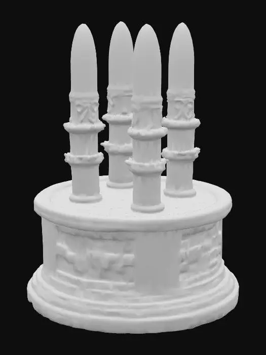 3D model for Create a 3D faithful representation image in a 45º perspective view of the metaes posts found on the center spina inside the Circus Maximus in Ancient times. Use these images as references