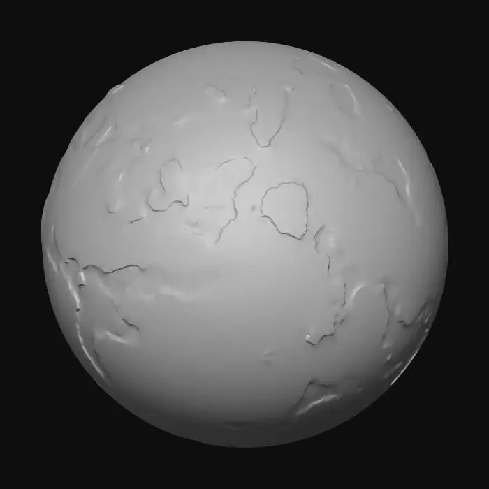3D model for A massive solid terrestrial planet with a chaotic, asymmetric geological crust. NO REPETITIVE PATTERNS. Surface features swirling, jagged rock strata and unpredictable tectonic rift valleys. Scattered impact basins of vastly different scales, from massive ancient scars to clusters of tiny sharp craters, distributed randomly. The silhouette is a solid sphere with high-contrast, rugged surface relief. Material: ancient weathered charcoal basalt with sharp obsidian edges. Cinematic sci-fi aesthetic, massive scale, gritty realism. Closed solid manifold.