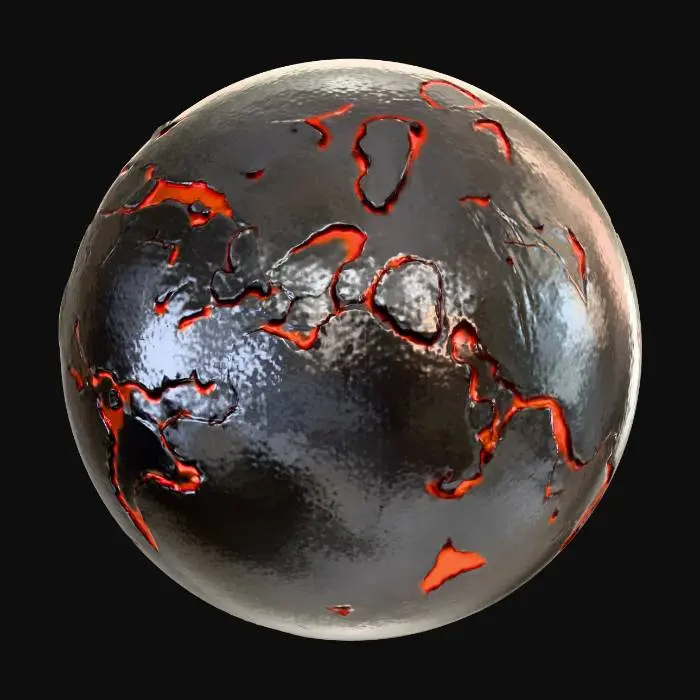 3D model for A massive solid terrestrial planet with a chaotic, asymmetric geological crust. NO REPETITIVE PATTERNS. Surface features swirling, jagged rock strata and unpredictable tectonic rift valleys. Scattered impact basins of vastly different scales, from massive ancient scars to clusters of tiny sharp craters, distributed randomly. The silhouette is a solid sphere with high-contrast, rugged surface relief. Material: ancient weathered charcoal basalt with sharp obsidian edges. Cinematic sci-fi aesthetic, massive scale, gritty realism. Closed solid manifold.