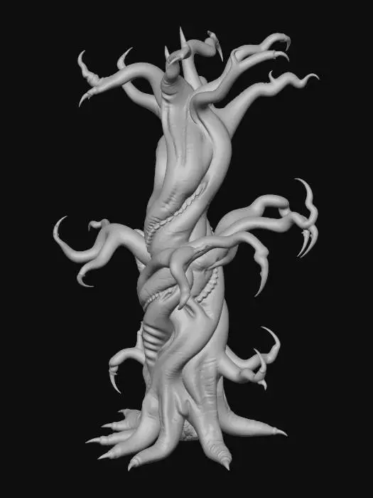 3D model for A horrifying organic tree that resembles a dead, twisted tree but is made entirely of fleshy, sinewy organic material instead of wood. The trunk is thick and crooked, bending unnaturally at sharp angles as if bones are inside it. The bark is replaced with stretched red muscle tissue, subtle vein patterns, and torn membrane textures. The branches are long, jagged, and asymmetrical, some splitting incorrectly or fusing together in unnatural ways.

The surface should look moist and slightly glossy, like living tissue, but still clearly shaped like a tree silhouette from a distance. Some branches taper into claw-like or finger-like structures.