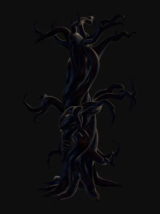 3D model for A horrifying organic tree that resembles a dead, twisted tree but is made entirely of fleshy, sinewy organic material instead of wood. The trunk is thick and crooked, bending unnaturally at sharp angles as if bones are inside it. The bark is replaced with stretched red muscle tissue, subtle vein patterns, and torn membrane textures. The branches are long, jagged, and asymmetrical, some splitting incorrectly or fusing together in unnatural ways.

The surface should look moist and slightly glossy, like living tissue, but still clearly shaped like a tree silhouette from a distance. Some branches taper into claw-like or finger-like structures.