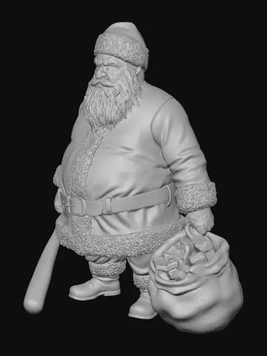 3D model for A plump Santa Claus, traditionally dressed in a vivid red suit with fluffy white trim, stands with a stern yet slightly mischievous expression. He firmly grips a rough wooden baseball bat, its grain visible, in one hand. The other hand holds a dark brown burlap sack, lumpy with jagged black charcoal chunks, clearly intended for naughty children. His thick white beard and twinkling eyes complete the intimidating yet iconic look.